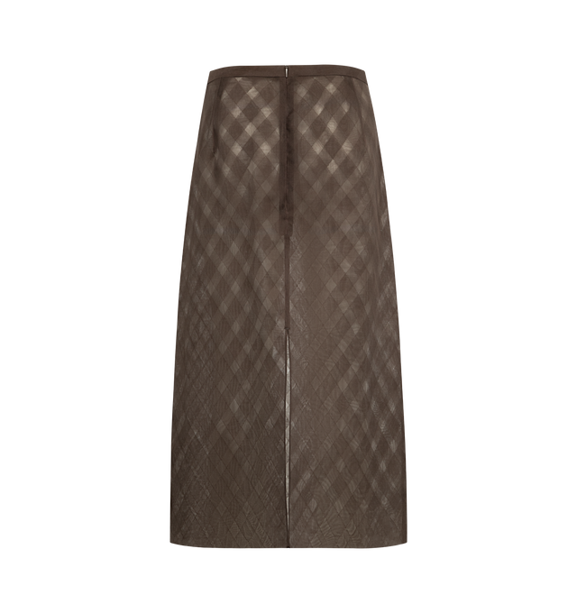 Image 2 of 2 - BROWN - Auralee Sheer Silk Cotton Jacquard Pencil Skirt crafted from fabric that is woven with silk organdy yarn for both warp and weft, creating a crisp, dry hand feel. Its most distinctive feature lies in the partial cut-outs in the ground fabric, which enhance its sheerness. The result is a translucent, clear appearance with a refined, delicate texture. 75% silk / 25% Cotton. Made in Japan.