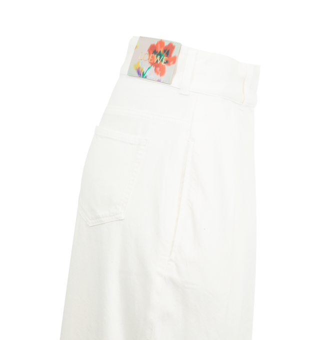 Image 3 of 3 - WHITE - LOEWE Wrap Jeans in lightweight cotton denim featuring an asymmetric construction with a wrap front, regular fit, regular length, high waist, loose leg, concealed zip fly, seam pockets, rear patch pocket and LOEWE embossed leather patch placed at the back. 100% cotton. Made in Italy.
