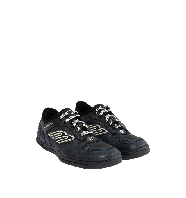Image 2 of 5 - BLACK - BALENCIAGA Hamptons Worn-Out Sneaker in cowskin and polyester featuring worn-out effect, scribbled laces, raw edge and visible stitching on the upper, Balenciaga logo debossed on the upper, Balenciaga logo embossed on the outsole, 3B sports icon artwork in rubber on each side, loop sports icon logo on the tongue and at back heel and written size debossed on the upper and at back of the heel. Upper: cowskin, polyester. Sole: rubber. Insole: foam. Made in China.