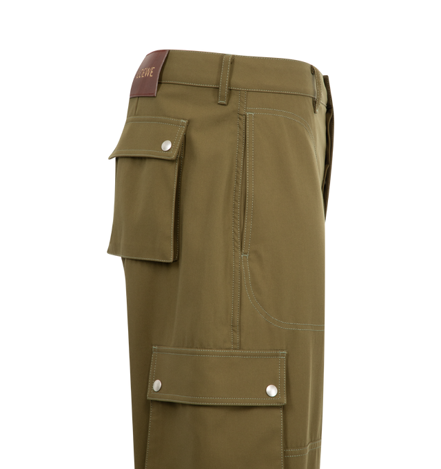Image 3 of 3 - GREEN - Loewe Men's Cargo Trousers in lightweight compact cotton twill featuring buttoned flap pockets at the sides and back. Regular fit, regular length, mid waist, straight leg, featuring concealed button fly, top-stitched seam pockets and LOEWE embossed leather patch placed at the back. Made in Italy.