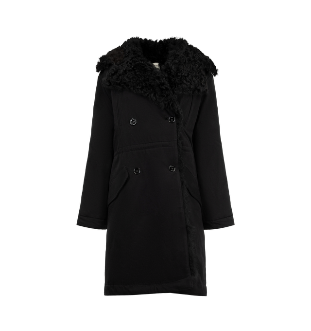 Image 1 of 3 - BLACK - Toteme Women's Shearling Cotton Parka that reimagines a heritage winter silhouette with a curly black shearling lining for exceptional warmth. Crafted from cotton with quilted sleeves, it features adjustable drawstrings at the waist and hem for a customizable fit, plus four pockets for practicality. Materials: 100% organic cotton; lining: 100% lamb leather; sleeve lining: 100% viscose.