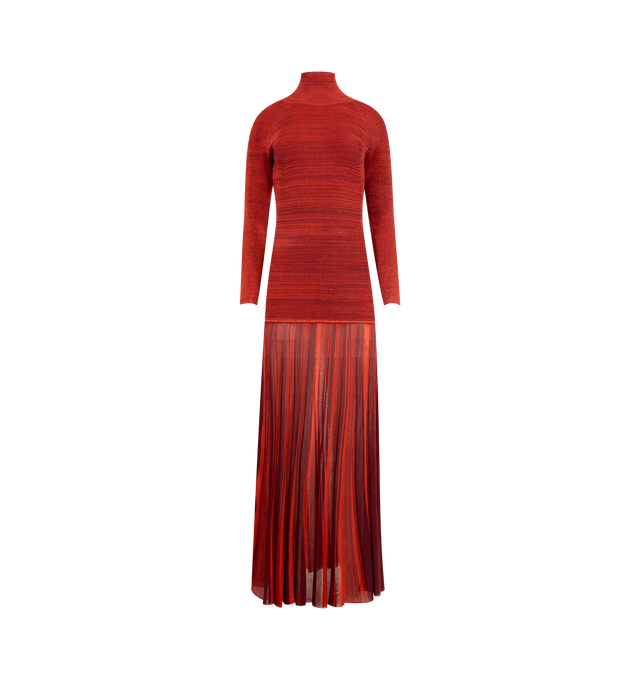 Image 1 of 5 - RED - CHRISTOPHER JOHN ROGERS Turtleneck Drop-Waist Pleated Maxi Dress featuring a drop waist with a pleated, flowy skirt, turtleneck, long raglan sleeves, body-skimming silhouette, full length and slipover style. Rayon/cellulose acetate. Made in USA.