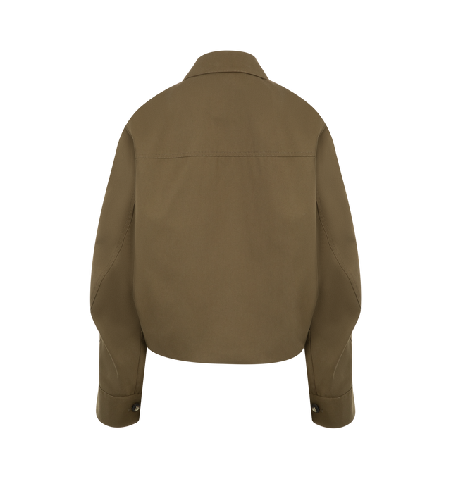 Image 2 of 3 - GREEN - LOEWE Jacket in medium-weight cotton and silk gabardine featuring a balloon silhouette, curved sleeves, regular fit, short length, classic collar, button front fastening, vertical welt pockets, fully lined and double L embroidery placed on the chest. Cotton/silk. Made in Italy.