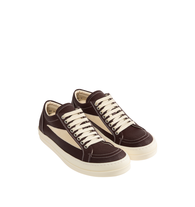 Image 2 of 5 - BROWN - DRKSHDW Vintage Sneaks Sneakers featuring low-top, lace-up closure, padded collar, calfskin suede appliqu at sides, twill lining, treaded rubber sole and contrast stitching in white. Upper: textile, calfskin. Sole: rubber. Made in Italy.