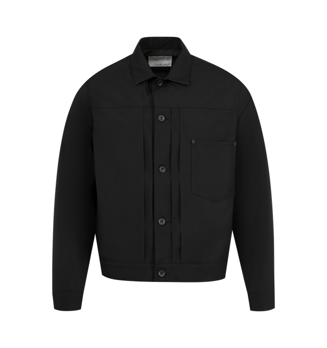 Image 1 of 2 - BLACK - SACAI Suiting Jacket featuring plain-woven wool-blend jacket, spread collar, button closure, tucks at front, patch pocket at chest, seam pockets, buttoned barrel cuffs, pleats at back yoke, cinch strap at back and unlined. 70% polyester, 30% wool. Trim: 100% cupro. Made in Japan.