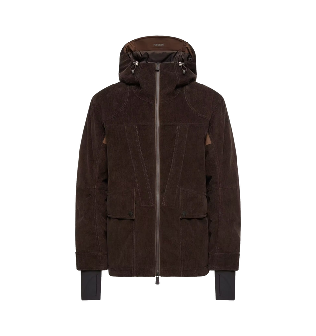 Image 1 of 1 - BROWN - Moncler Grenoble Men's Airolo Corduroy Insulated Ski Jacket is crafted from 2L technical corduroy and features a performance-driven silhouette designed for skiing and snowboarding. Engineered with PrimaLoft Gold Active insulation, heat-sealed seams, and a visor hood, this mountain-ready style delivers water-resistant, windproof protection while maintaining breathability. Finished with YKK AquaGuard NATULON water-repellent zip closures, a powder skirt, stretch jersey wrist gaiters, and