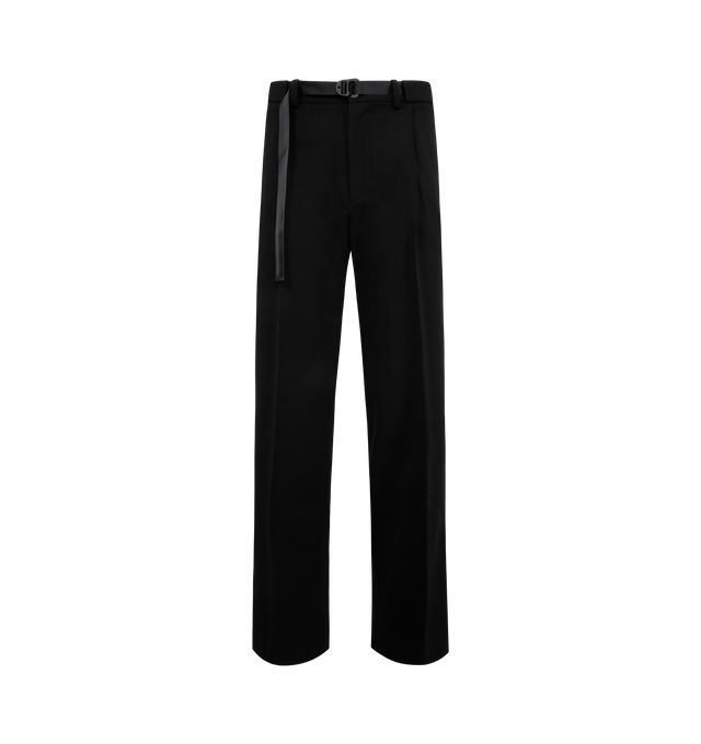 Image 1 of 3 - BLACK - MONCLER Twill Pant featuring two-way stretch twill, adjustable belt, zipper and snap button closure and silicone logo patch. 53% polyester, 43% wool, 4% elastane/spandex.