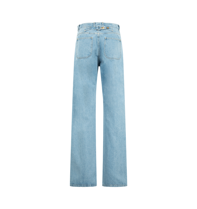 Image 2 of 3 - BLUE - Thom Browne Womens Classic 5-Pocket Jeans are crafted from Japanese selvedge denim. Feature a relaxed fit, button fly closure, five-pocket styling, reinforced back yoke with adjustable button-fastening backstrap, selvedge detail at the inner cuffs, and signature striped grosgrain loop tab. Main Material: 100% Cotton. Made in Japan.