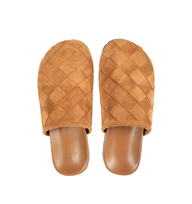 Image 4 of 4 - BROWN - BOTTEGA VENETA Reggie Intrecciato Suede Mules featuring padded Intrecciato suede with an ergonomic leather insole, round toe, slips on, suede upper, leather lining and rubber sole. Made in Italy. 