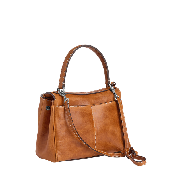 Image 2 of 4 - BROWN - BALENCIAGA Rodeo Handbag Mini featuring vegetal tanned lambskin, one handle hand carry, adjustable and removable crossbody strap, removable cloche cls with two split rings, aged-silver hardware, turn lock closure, wide front pocket, 1 main compartment, 2 flat pockets at back, side snaps, 4 brass feet and nappa lambskin lining. Lambskin. Made in Italy.