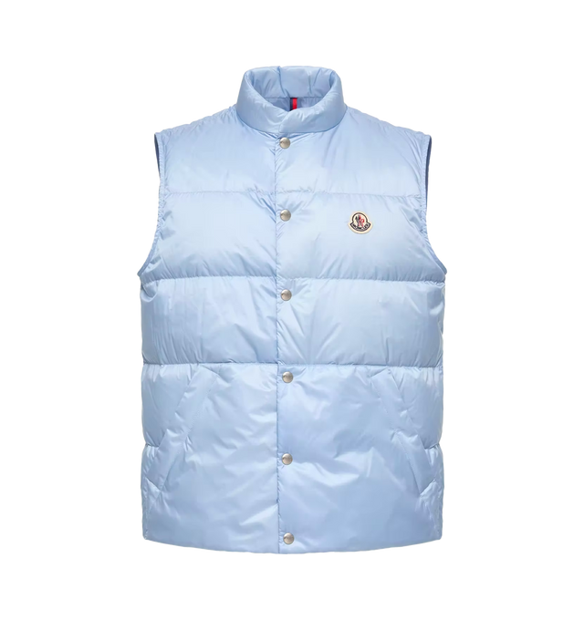 Image 1 of 1 - BLUE - Moncler Mens Tuquerouye Down Vest is crafted from recycled longue saison with a water-repellent finish, longue saison lining, and down-filled construction. Features a zipper and snap-button closure, zipped pockets, inside zipped pocket, and logo patch detailing. Exterior: 100% Polyamide / Nylon; Lining: 100% Polyamide / Nylon; Padding: 90% Down, 10% Feather. Made in Romania.