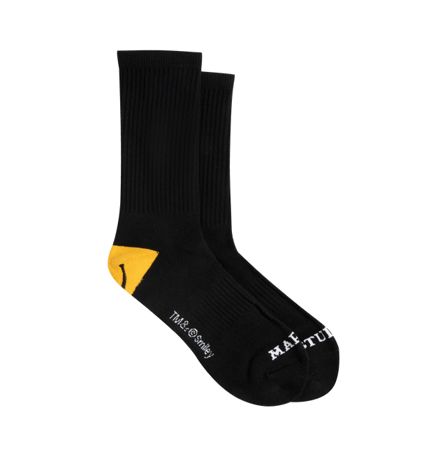 Image 1 of 5 - BLACK - MARKET Smiley Heel Socks featuring a soft and stretchy cotton/spandex blend, comfortable, breathable fit and Smiley graphic on the heel.