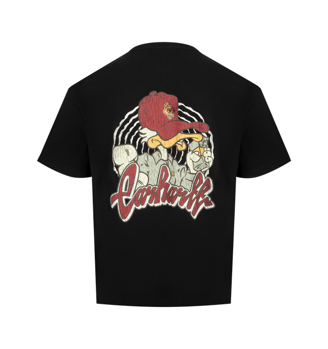 Image 2 of 2 - BLACK - CARHARTT WIP Chedda T-Shirt featuring a loose fit, midweight organic cotton jersey, stone-washed for a softer feel, and graphic prints on the front and back. 100% organic cotton.