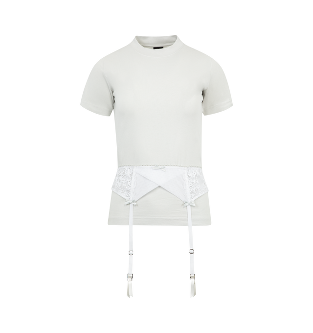 Image 1 of 2 - WHITE - BALENCIAGA Lingerie T-Shirt featuring peeling stretch jersey, crewneck, short sleeves and lingerie detail at waist. 95% cotton, 5% elastane. Made in Portugal.