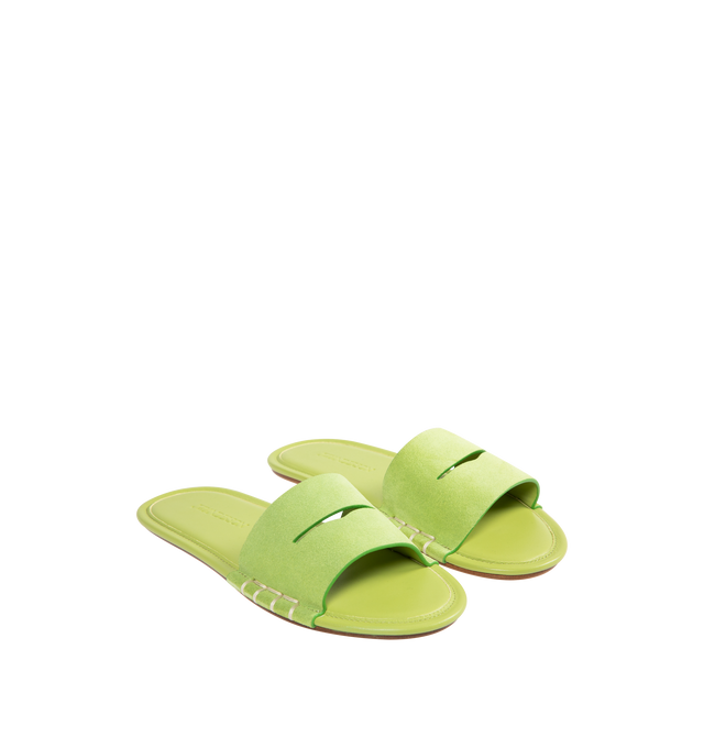 Image 2 of 4 - GREEN - JW ANDERSON Loafer Slide Sandal featuring a whipstitched keeper strap, Italian-crafted suede slide sandal, leather upper, lining and sole. Made in Italy.