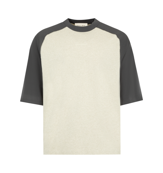 Image 1 of 2 - NEUTRAL - FEAR OF GOD ESSENTIALS Signature Baseball Tee featuring medium-weight cotton jersey, rib-knit crewneck tee, an oversized fit with baseball-inspired 3/4 raglan sleeves that contrast in color, an embroidered Essentials signature logo on front and an Essentials signature label at the back collar. 100% cotton.