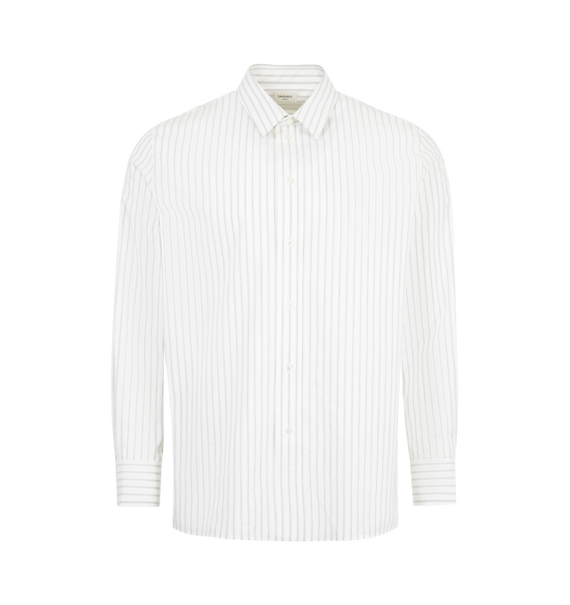 Image 1 of 2 - WHITE - SAINT LAURENT Tack-Stripe Poplin Shirt featuring buttoned shirt made with certified cotton and certified viscose, a pointed collar, logo embroidery at the hip, one-button cuffs, straight hem and back center box pleat. 96% cotton, 4% viscose. Made in Italy.