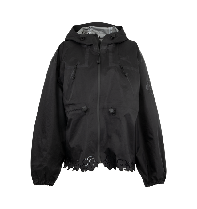 Image 1 of 3 - BLACK - TNF X CB Fiona Short Mountain Jacket featuring a cinched waist, scalloped hem of glossy floral appliqus and delicate flower zipper pullers, all-weather protection, fully adjustable hood, water-repellent finish, and matte black seam tape. 100% nylon. Lining: 100% polyester.