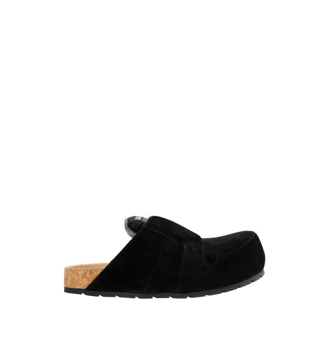 Image 1 of 4 - BLACK - BALENCIAGA Dumbo Mule featuring suede calfskin, worn-out effect, round toe, visible tone-on-tone top-stitching, Balenciaga and 10 AV George V Paris logo patch on the tongue and cork-covered sole. Calfskin. Made in Italy.