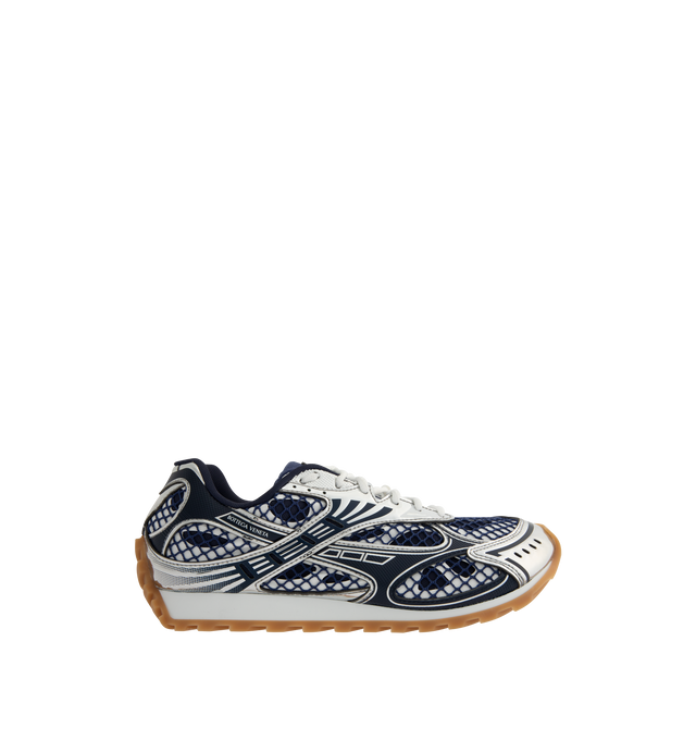 Image 1 of 5 - SILVER - BOTTEGA VENETA Sneakers featuring mechanical textile upper, rubber sole, lace-up front, padded collar and tongue with Bottega Venneta logo detail at tongue. Made in Italy.