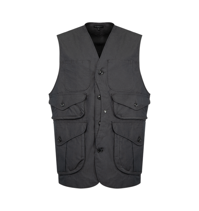 Image 1 of 2 - GREY - ENGINEERED GARMENTS Hunting Jacket featuring relaxed fit, V-neck design, front button closure, four button-flapped bellow pockets and chest patch pockets. 90% cotton, 10% linen. Made in USA.