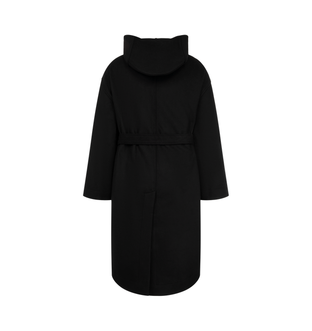Image 2 of 3 - BLACK - Rick Owens Men's Tower Coat is crafted from heavyweight double-face cashmere and features a below-knee silhouette with a hood, dropped shoulders, and a wrap-front closure. Finished with a horn buckle belt, side seam pockets, back vent, and internal zip pockets. Main Material: 100% cashmere. Pocket Lining: 100% cotton. Buckle: 100% buffalo horn.