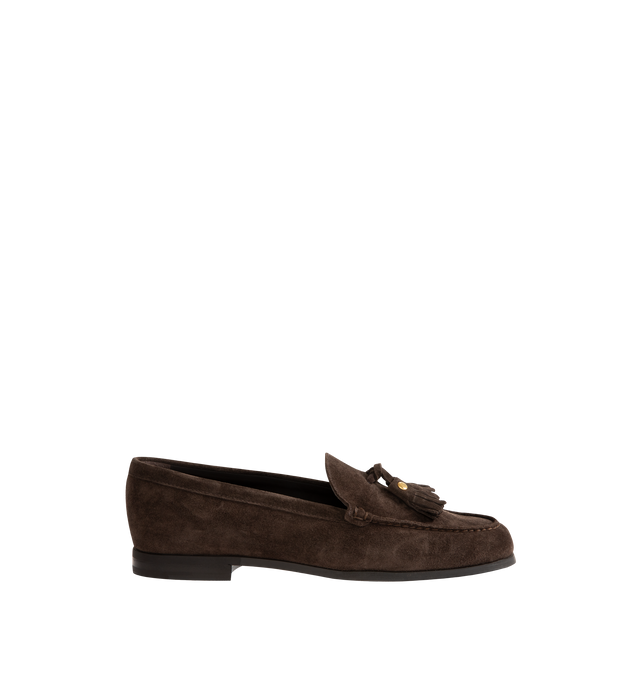 Image 1 of 4 - BROWN - CHURCH'S Priscilla Suede Tassel Loafers featuring almond moc toe, notched vamp with tassels, slip-on style and leather outsole. Made in Italy.