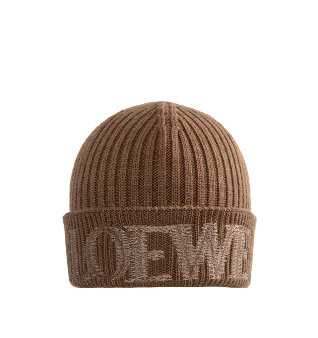 Image 1 of 2 - BROWN - LOEWE Wool Beanie featuring medium-weight ribbed wool knit, regular length, turn-up cuff and blurred LOEWE embroidery placed at the front. Wool. Made in Italy.