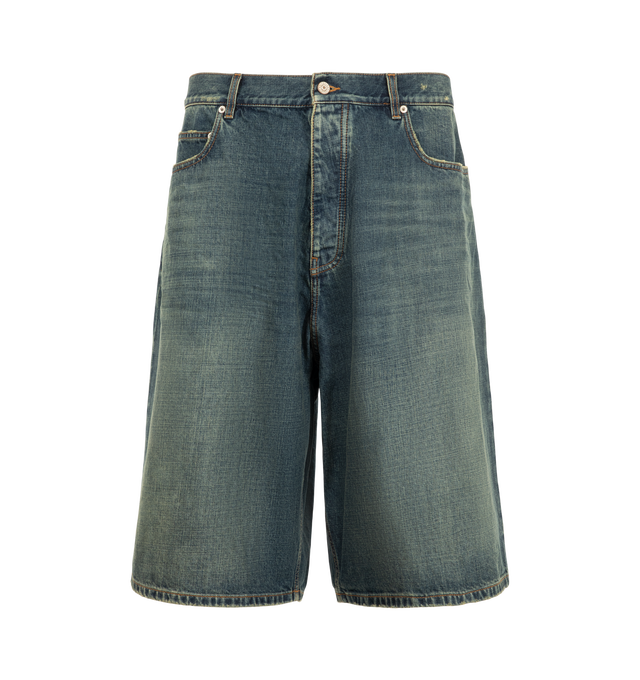 Image 1 of 3 - BLUE - Balenciaga Men's Denim Bermuda Shorts are crafted from cotton denim in a dirty vintage blue wash and feature a button closure and five belt loops. Two slash pockets, two open back pockets, and a grey debossed Balenciaga leather patch at the back complete the design. Main Material: 100% Cotton. Pocket Lining: 65% Polyester, 35% Cotton. Leather Detail: Cowskin. Made in Italy.