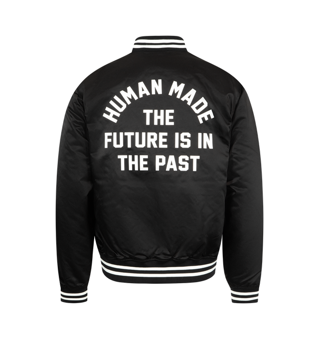 Image 2 of 3 - BLACK - HUMAN MADE Nylon Stadium Jacket featuring quilted polyester lining, ribbed collar, logo snap buttons, 2 front pockets and branding throughout. 100% nylon.