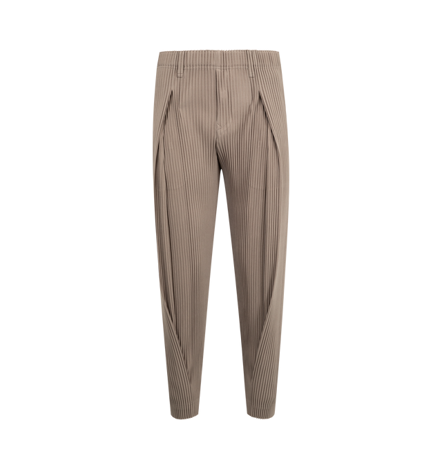Image 1 of 3 - BROWN - ISSEY MIYAKE Tailored Pleats Pants featuring elastic waist, belt loops, tapered leg, side pockets and pleated throughout. 100% polyester.