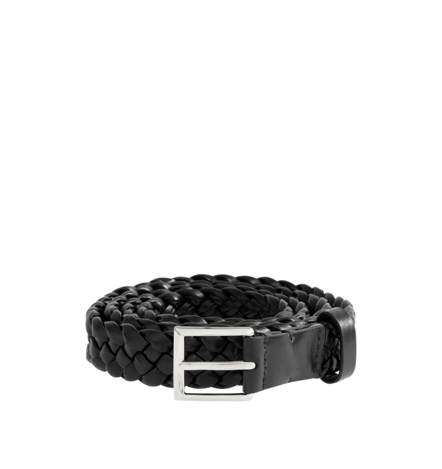 Image 1 of 2 - BLACK - Bottega Veneta Belt in Intreccio calf leather with silver-tone metal buckle. Reversible style, 2cm high with calf leather lining and prong closure. Made in: Italy.