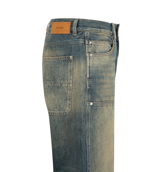 Image 3 of 4 - BLUE - AMIRI Lightweight Distressed Carpenter Jeans featuring distressed details, zip fly with button closure, five-pocket style, carpenter pocket and hammer loop. 100% cotton. Made in Italy.