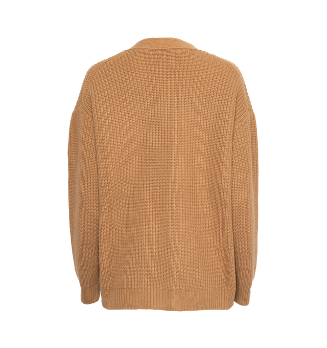 Image 2 of 2 - BROWN - MONCLER Wool & Cashmere Cardigan featuring half brioche stitch, Gauge 5, button closure and logo patch. 40% wool, 25% polyamide/nylon, 25% viscose/rayon, 10% cashmere. 