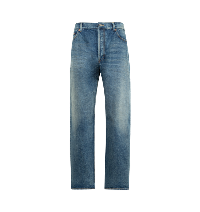 Image 1 of 3 - BLUE - SAINT LAURENT Tapered Jeans featuring mid-rise, five-pocket style, certified cotton, a tapered leg, button fly, waistband with belt loops and logo embossed leather jacron. 100% cotton. Made in Japan.