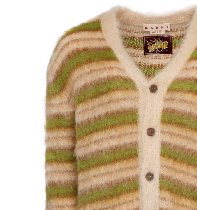 Image 3 of 3 - MULTI - MARNI Striped Cardigan featuring brushed knit mohair-blend cardigan, stripes throughout, rib knit Y-neck, hem, and cuffs and button closure. 67% mohair, 28% polyamide, 5% wool. Made in Italy. 