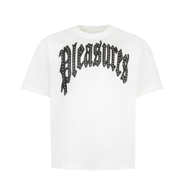 Image 1 of 2 - WHITE - PLEASURES Twitch Studded Crewneck featuring crew neck, short sleeves, regular fit and studded applique logo. 91% cotton, 9% polyester.