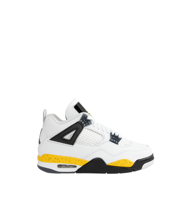 Image 1 of 5 - YELLOW - Air Jordan 4 Retro "Tour Yellow" Sneakers are crafted from premium leather and feature a white upper accented by a speckled Tour Yellow midsole, with Black and Dark Blue Grey details. Designed with the iconic AJ4 basketball silhouette, they are finished with Jumpman heel branding, a foam midsole, Nike Air and Max Air cushioning, and a durable rubber outsole. Main Material: Leather. Sole: Rubber. Cushioning: Nike Air and Max Air. Made for men.