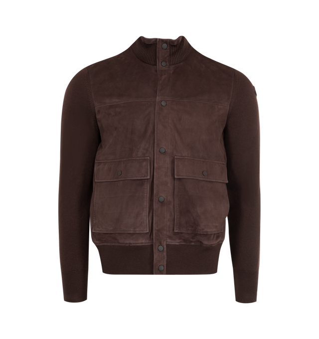 Image 1 of 3 - BROWN - MONCLER Wool & Suede Cardigan featuring ultra-fine wool, suede front, Airsoft lining, interlock knit, gauge 12, snap button closure, patch pockets with snap button closure and leather logo patch. 100% virgin wool. Lambskin. Made in Turkey.