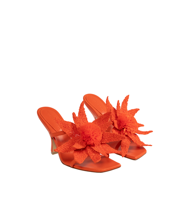 Image 2 of 4 - ORANGE - BOTTEGA VENETA Adam Sandal featuring leather mule sandal with raffia flower embroidery and rubber-injected leather outsole. Lambskin, raffia. Heel: 3.5. Made in Italy.