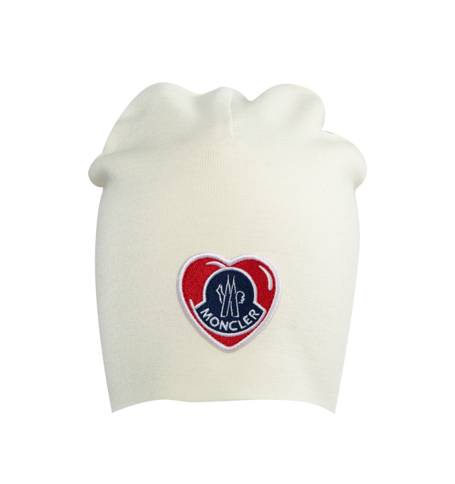 Image 1 of 2 - WHITE - MONCLER Wool Beanie featuring embroidered, heart-shaped patch logom stockinette stitch, gauge 14 and crafted from a wool blend. 50% acrylic, 50% virgin wool. 