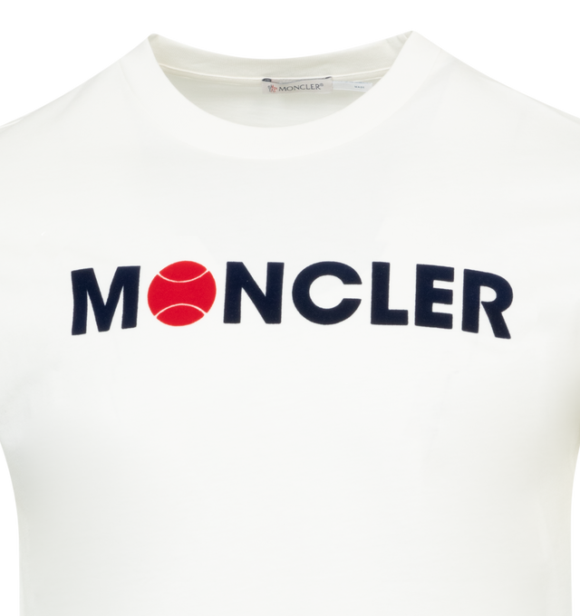Image 2 of 2 - WHITE - MONCLER Flocked Logo T-Shirt featuring organic cotton jersey, crew neck, short sleeves and flocked logo print. 100% cotton. Made in Turkey. 
