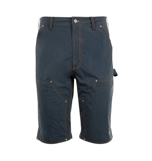 Image 1 of 3 - BLUE - ADVISORY BOARD CRYSTALS Hyperlightweight Nylon Ripstop Jort featuring nylon construction, zip-fly closure, four pockets, contrast stitching, double-thigh, embroidered branding, pulltab and leather patch. Nylon.