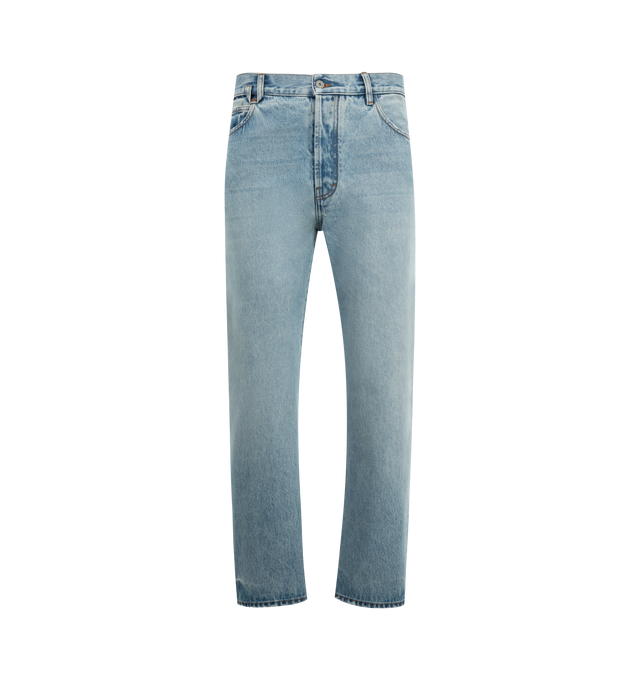 Image 1 of 2 - BLUE - JACQUEMUS De-Nmes denim pants featuring straight leg jeans, mid rise, five pockets with metal studs and rivets, J belt loop, button fly, silver metal hardware, large denim patch above back pocket and contrast stitching. 100% cotton. Made in Italy.