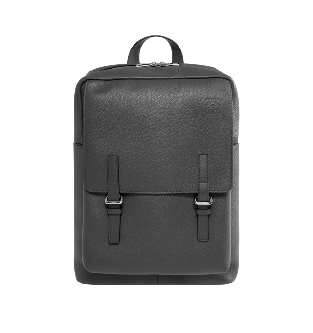 Image 1 of 3 - GREY - LOEWE Military Backpack featuring one main compartment, an additional section under a fold over flap that closes with a magnetic fastening, back, shoulder or top handle carry, large internal pocket to accommodate a laptop, herringbone cotton canvas lining and embossed Anagram. 15.4 x 11.2 x 4.3 inches. 100% soft grained calfskin. Made in Spain.