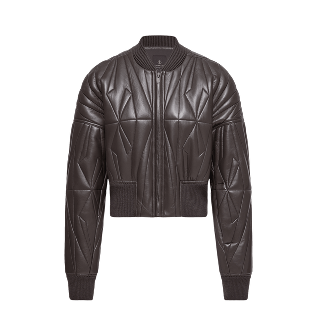 Image 1 of 1 - BROWN - RICK OWENS X MONCLER Geocamo Nappa Leather Bomber Jacket featuring nappa leather, ultra-light polyester lining, wool blend knit trim, bomber collar, zipper closure, zipped pockets and embroidered logo patch. Lambskin. Lining: 100% polyester. This item may be restricted for online purchase to international clients. For assistance purchasing this item please contact our dedicated stylist team at personalshopping@hirshleifers.com.Unisex style offered in Moncler sizing. For assistance sel