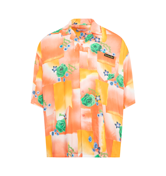 Image 1 of 2 - ORANGE - MARTINE ROSE  Hawaiin shirt in an all-over "Today Floral and Coral" print design. Features a boxy fit with short sleeves, classic collar, chest pocket, button fastening, and straight hem. 100% Viscose. Unisex brand in men's sizing. 