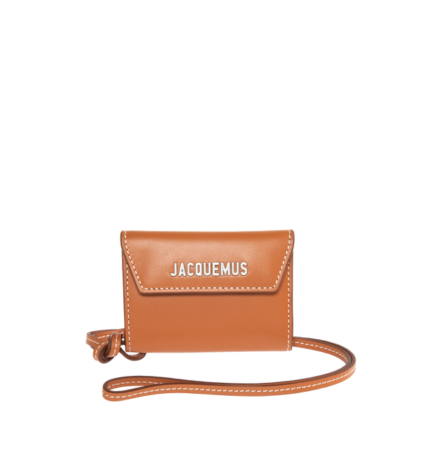 Image 1 of 3 - BROWN - JACQUEMUS Le Porte Jacquemus featuring envelope wallet, snap closure, card slots, interior zipped pocket, silver metal logo and hardware. 10.5 x 8 cm. Detachable knotted 17cm strap. 100% cowskin. Lining: 100% cotton. Made in Spain. 