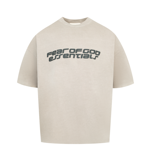 Image 1 of 2 - NEUTRAL - FEAR OF GOD ESSENTIALS 90s Tee featuring an oversized 90s-inspired silhouette, exaggerated proportions with dropped shoulders for a relaxed drape, matte HD print application on front, "26" graphic on back, and signature rubberized Fear of God Essentials label at the collar. 100% cotton jersey.