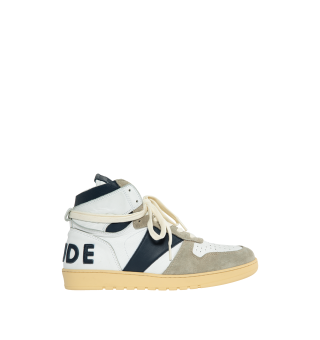 Image 1 of 5 - WHITE - RHUDE Rhecess High-Top Sneakers featuring color block, distressed suede-trim and lace-up. 